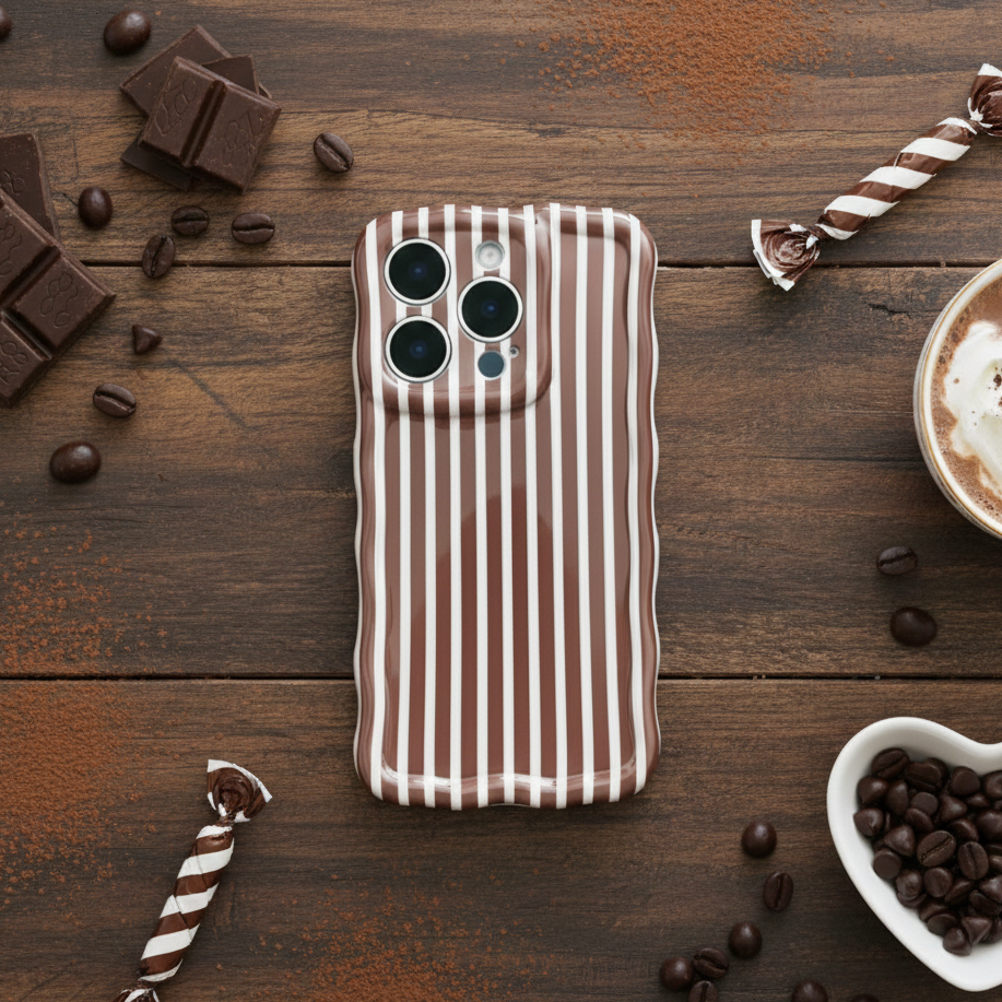 Striped phone case on a wooden surface with coffee-themed items