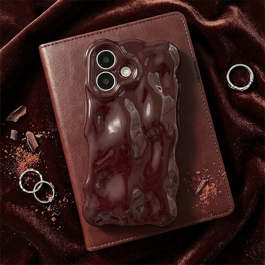 Phone case with chocolate-like design on a brown fabric background