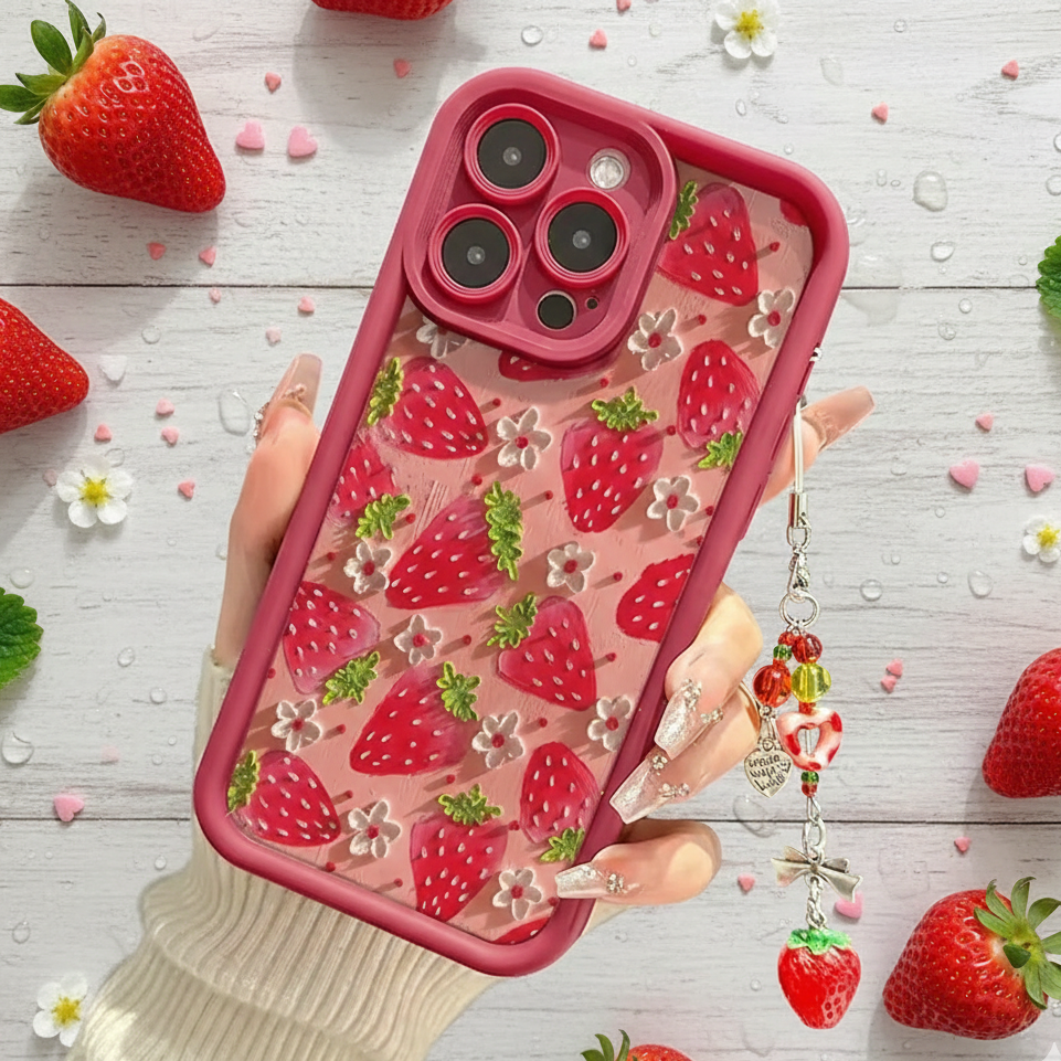Phone case with strawberry pattern held by a hand on a light wooden background with strawberries and flowers.