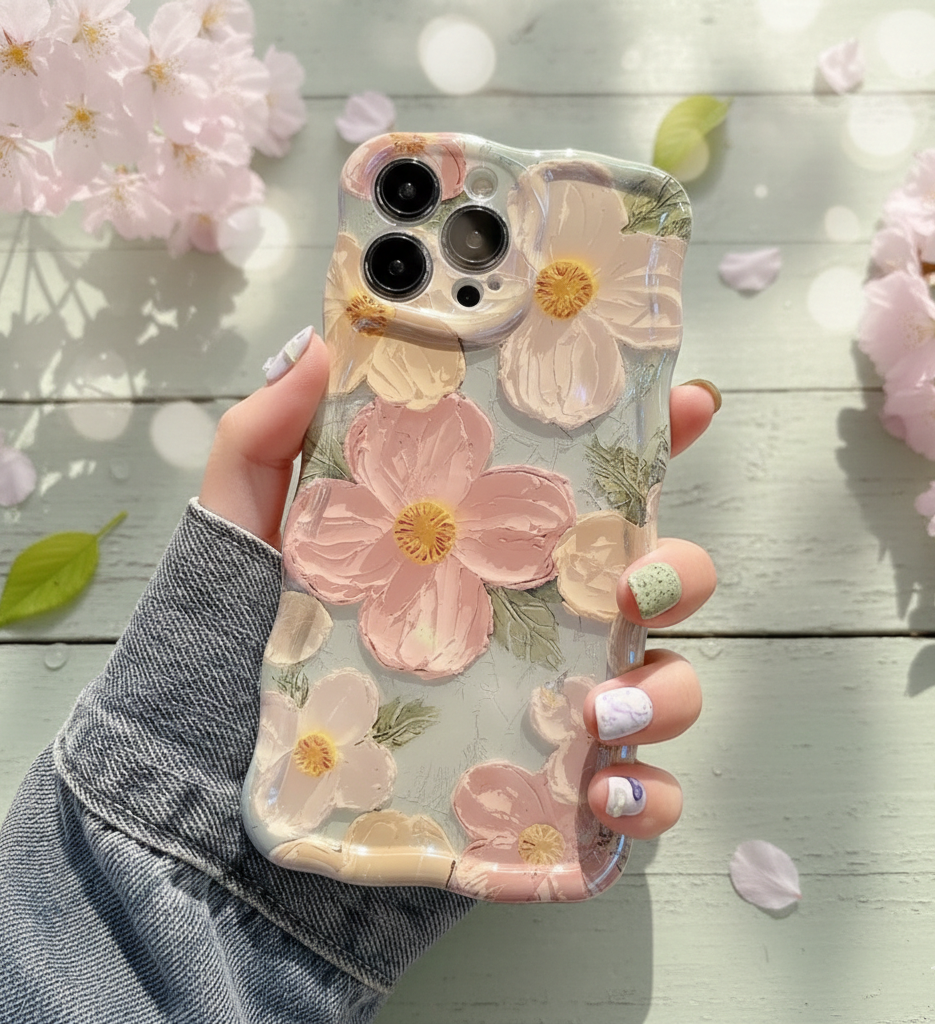 Phone case with floral design held by a hand on a wooden surface with flowers in the background