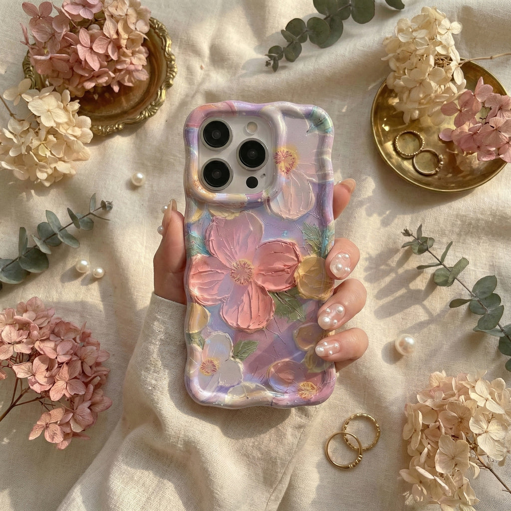 Phone case with floral design held by a hand, surrounded by flowers and jewelry on a light fabric background