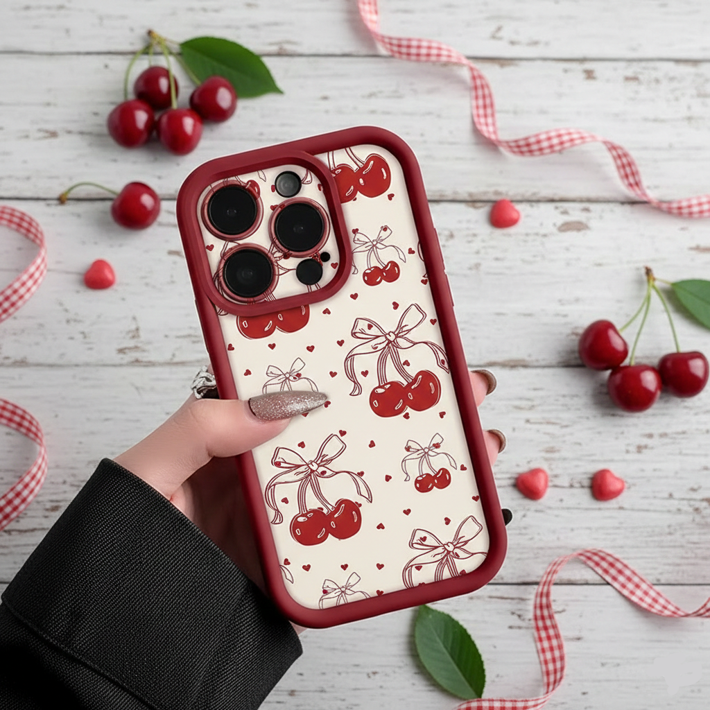 Phone case with cherry design held by a hand on a wooden surface with cherries and ribbons.