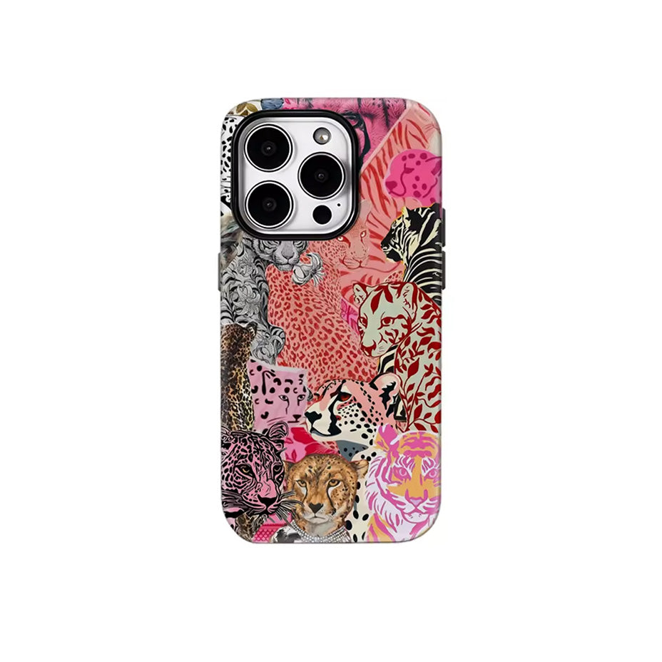 Pink Feline Collage iPhone Case — Luxurious Double-Layer Back Cover