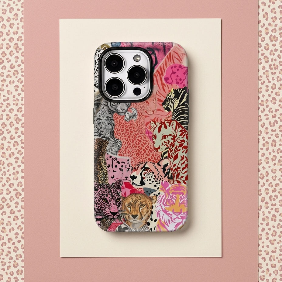 Pink Feline Collage iPhone Case — Luxurious Double-Layer Back Cover