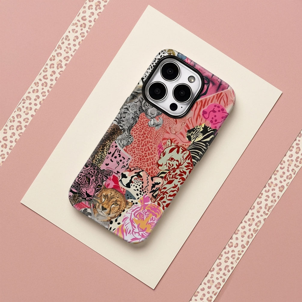 Pink Feline Collage iPhone Case — Luxurious Double-Layer Back Cover