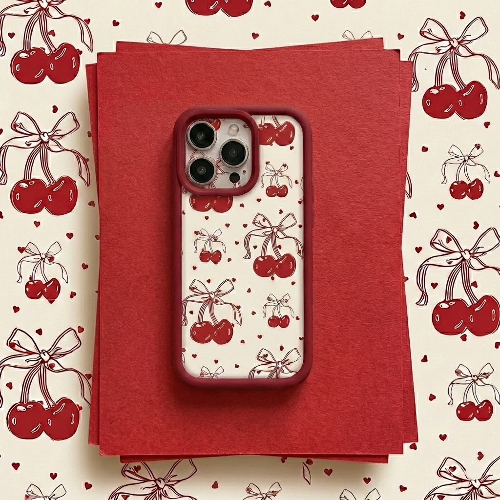 Phone case with cherry design on a red fabric background