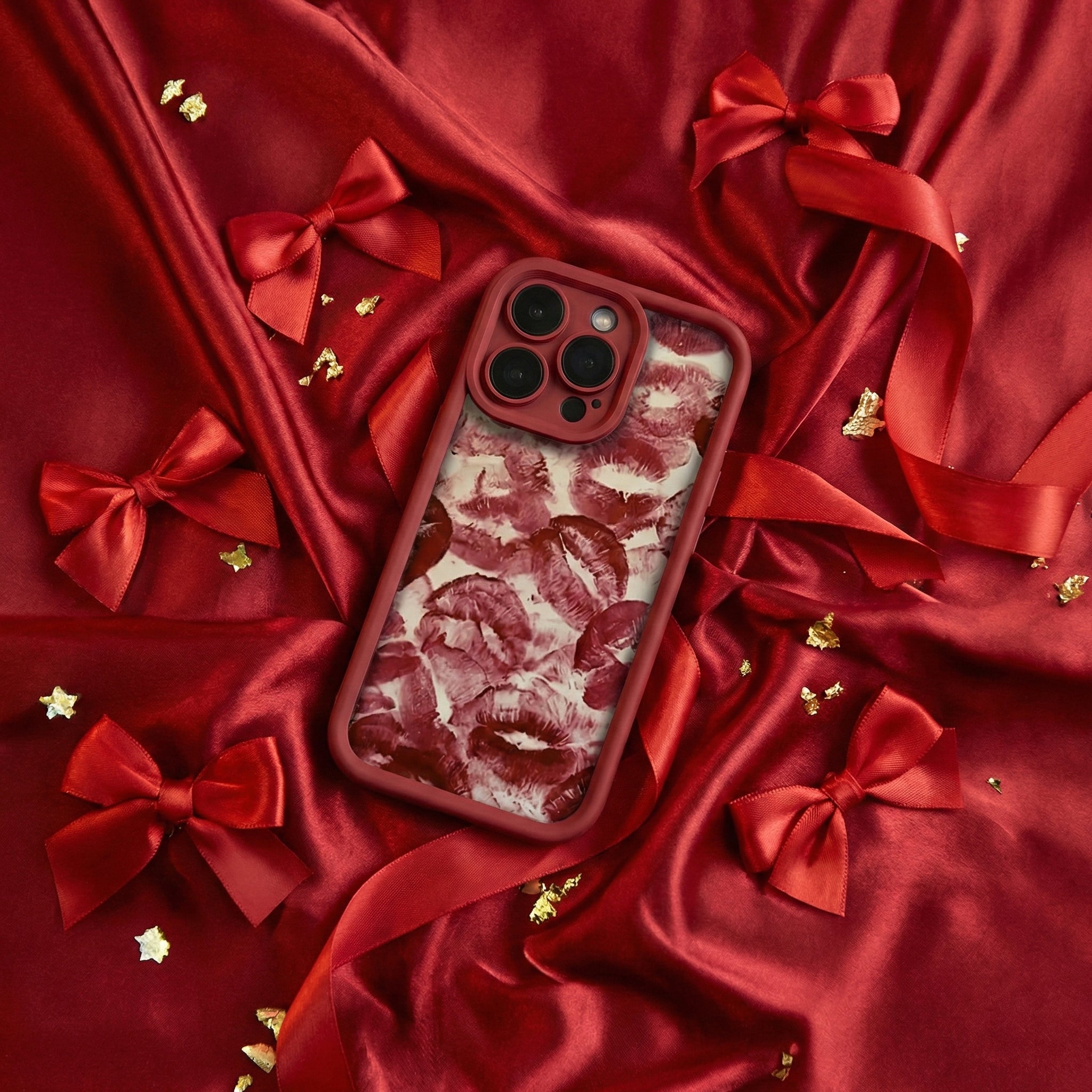 Phone case with red and white design on a red fabric background with bows