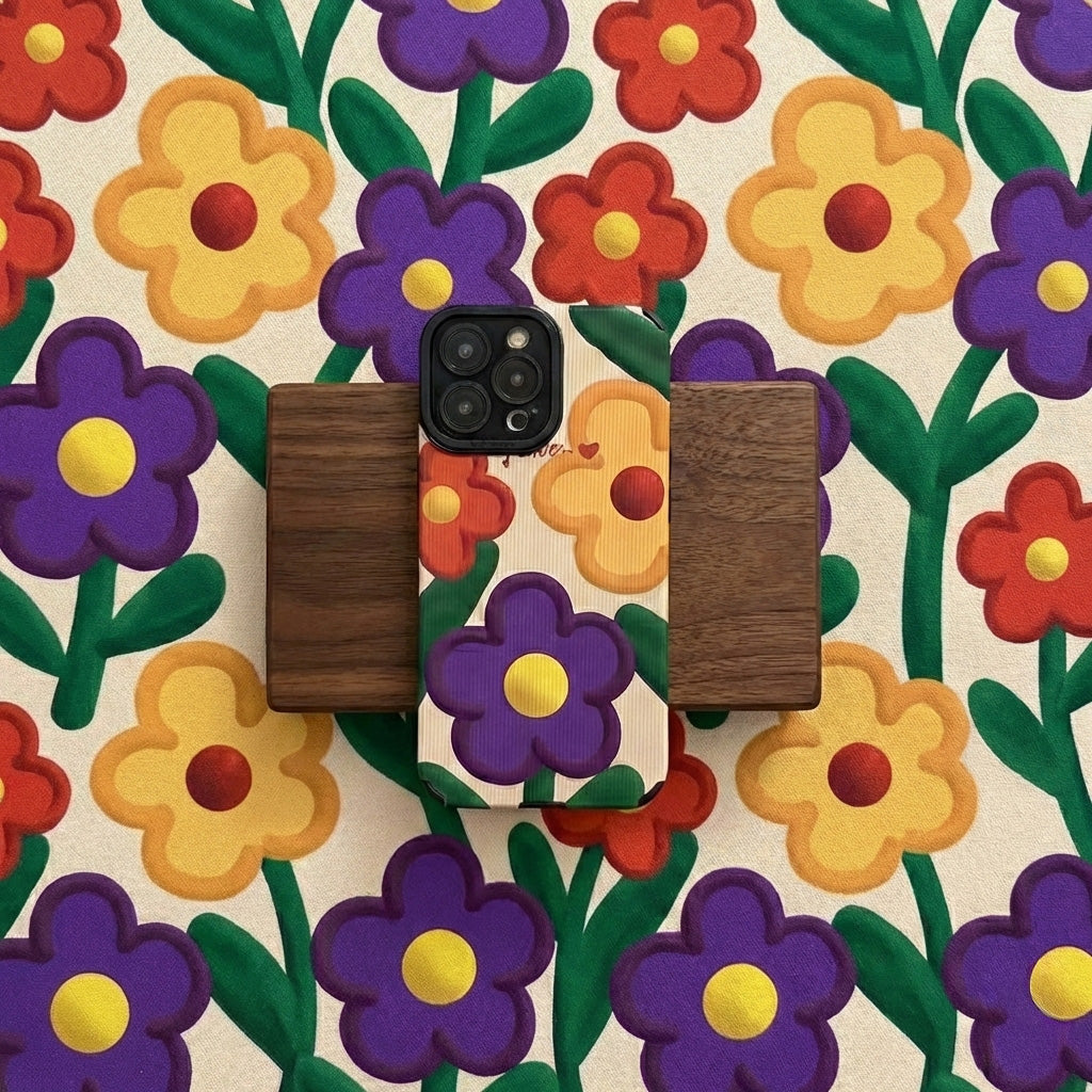 Phone case with wooden back and colorful flower design on a floral patterned background