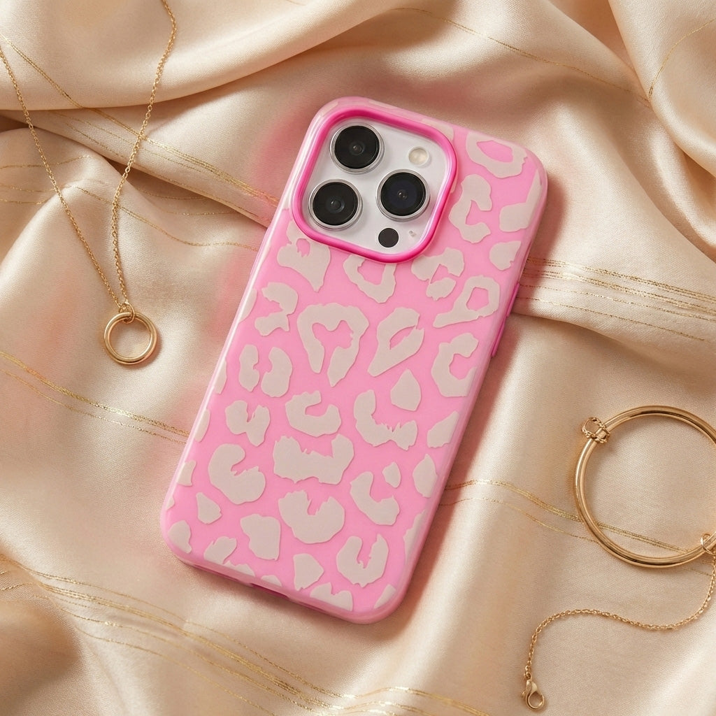Pink phone case with white pattern on a beige fabric background