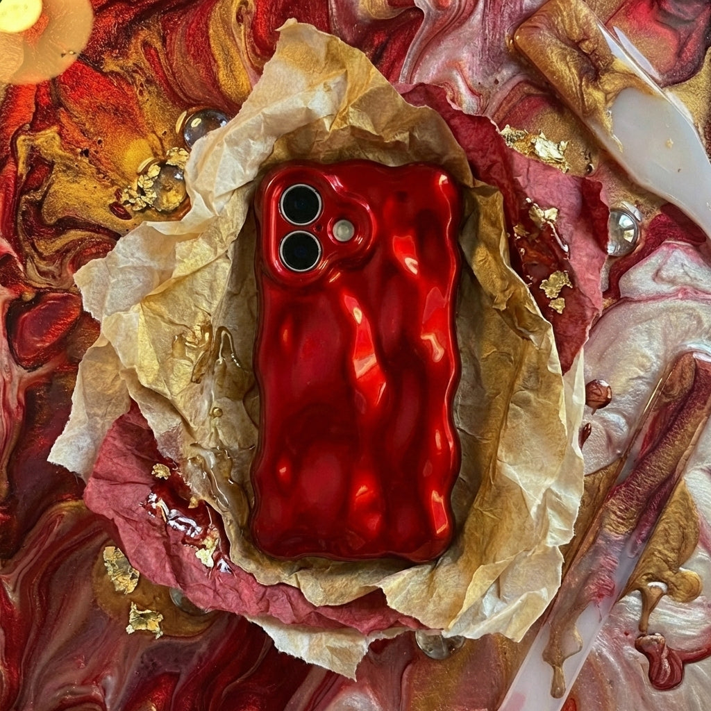 Red phone case on a decorative background with gold and red patterns