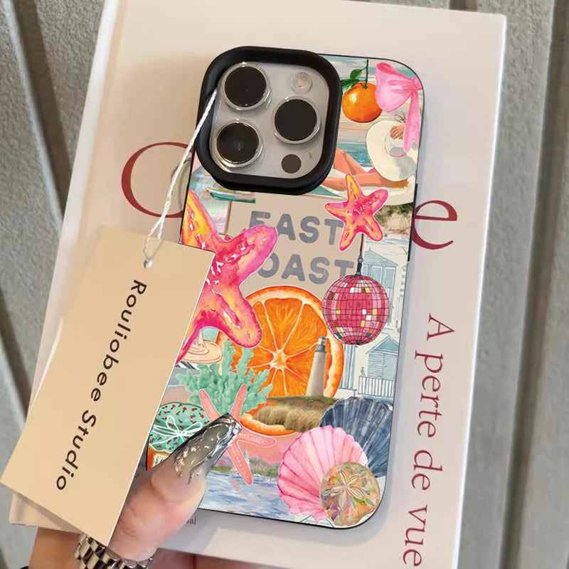 East Coast Warm Glow retro sticker phone case — flamingo starfish disco ball coastal aesthetic