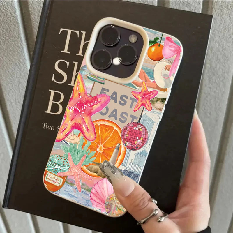 East Coast Neon Vibes retro sticker case — flamingo starfish disco shells Y2K coastal