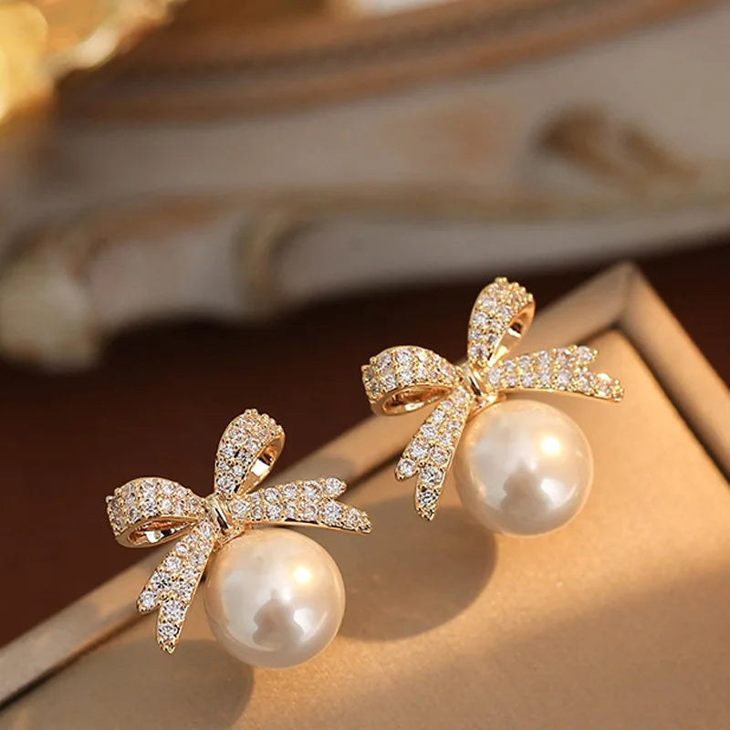 Pearl bow rhinestone stud earrings coquette aesthetic