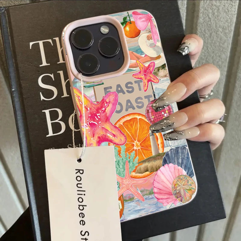 East Coast Coral Haze retro sticker phone case — flamingo starfish disco shell coastal