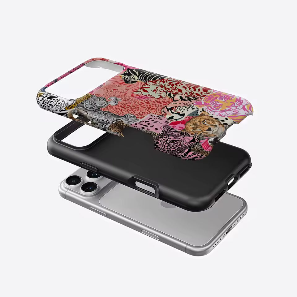 Pink Feline Collage iPhone Case — Luxurious Double-Layer Back Cover