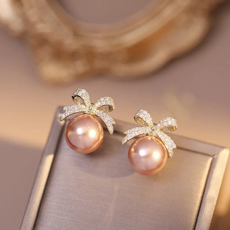 Rhinestone bow pearl earring style 2