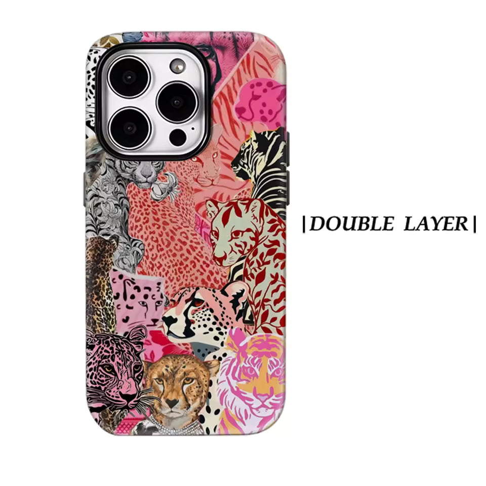 Pink Feline Collage iPhone Case — Luxurious Double-Layer Back Cover