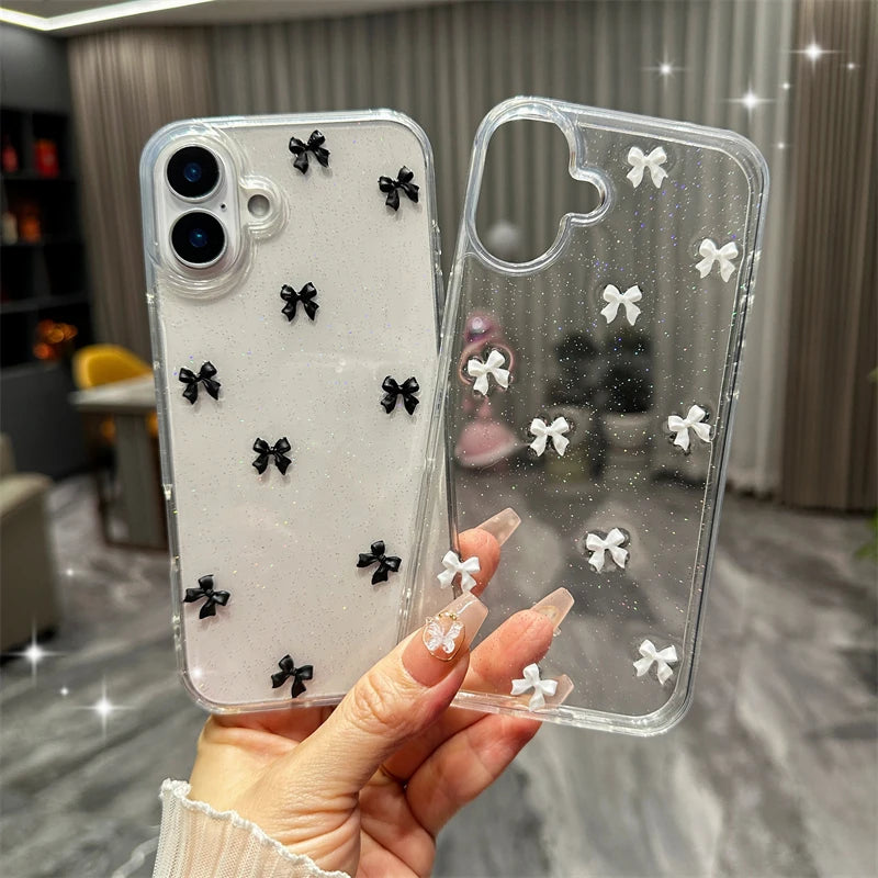 3D bow glitter clear case Black Korean coquette aesthetic