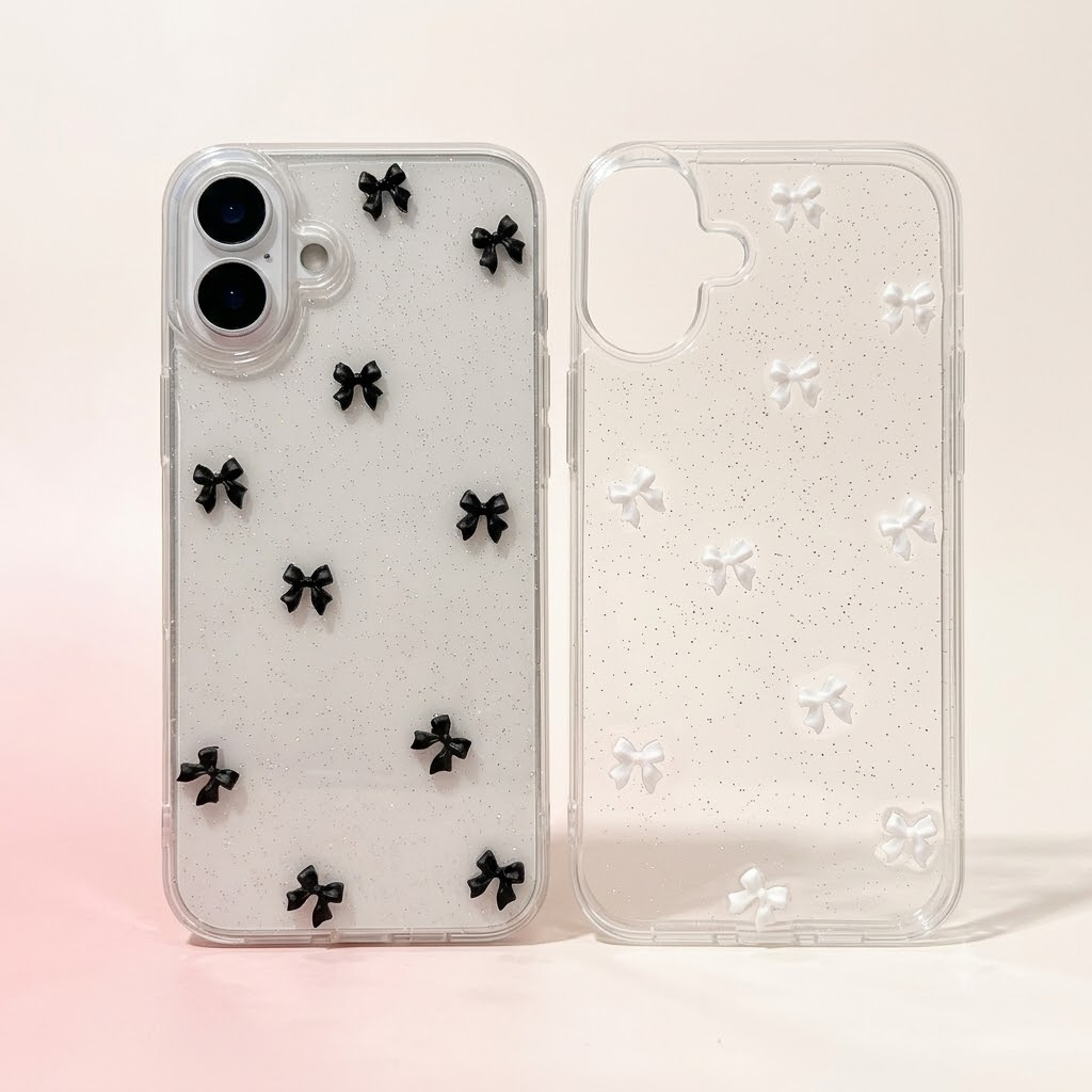 3D bow glitter clear iPhone case black and white bows studio product photo