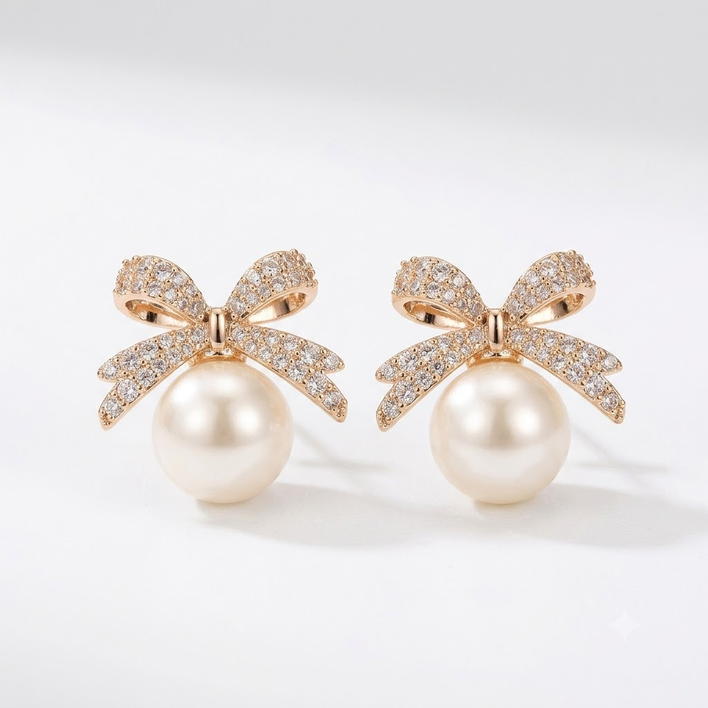 Pearl bow rhinestone stud earrings on white studio background — SugarShell