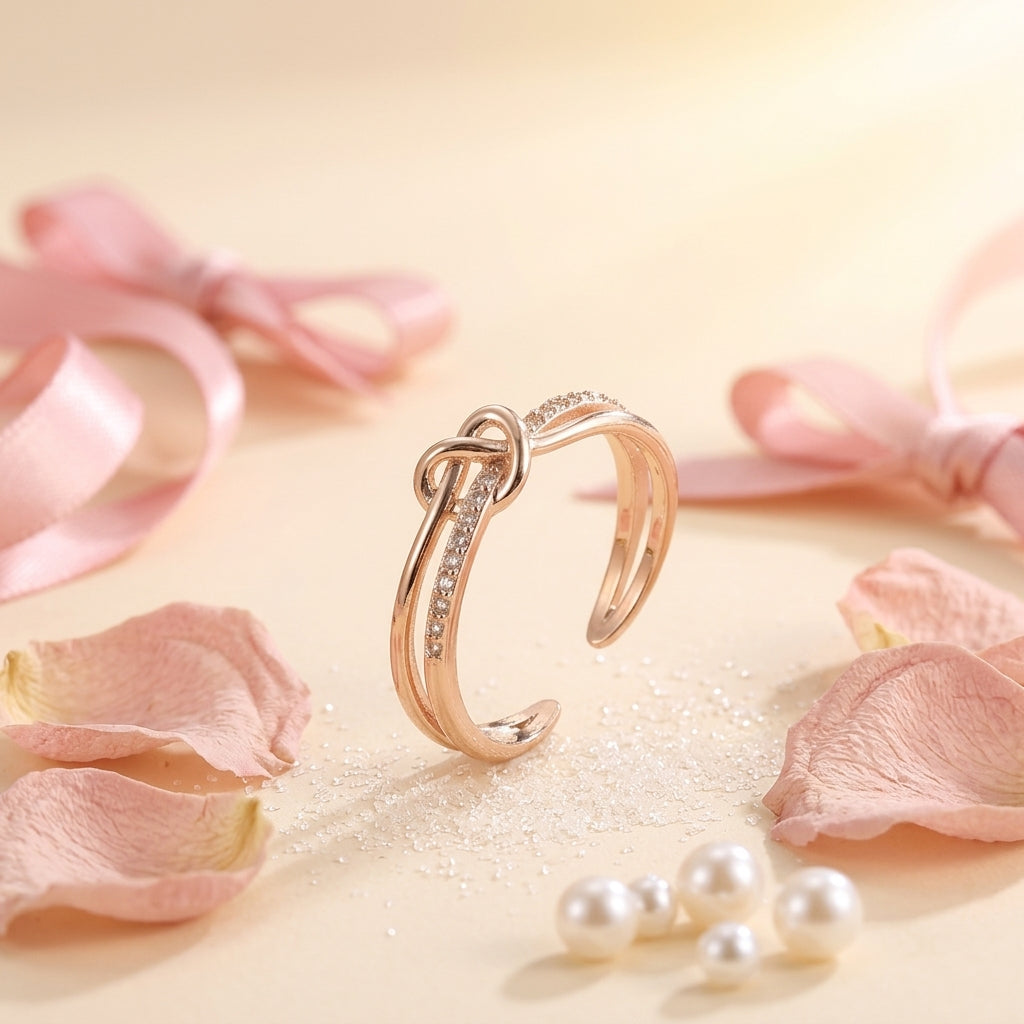 Knotted Criss-Cross Rhinestone Open Ring - Adjustable Copper Rose Gold Statement Ring