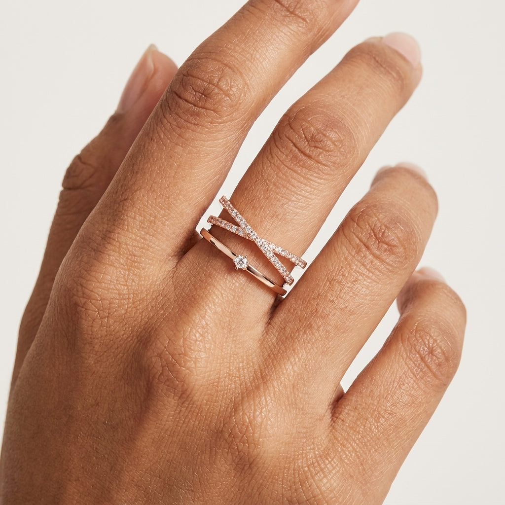 Gold Crossover Cubic Zirconia Ring