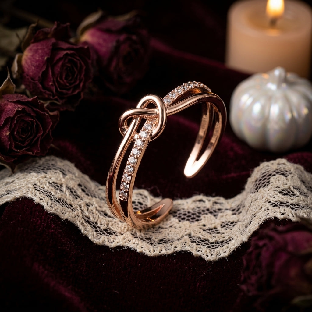 Knotted Criss-Cross Rhinestone Open Ring - Adjustable Copper Rose Gold Statement Ring