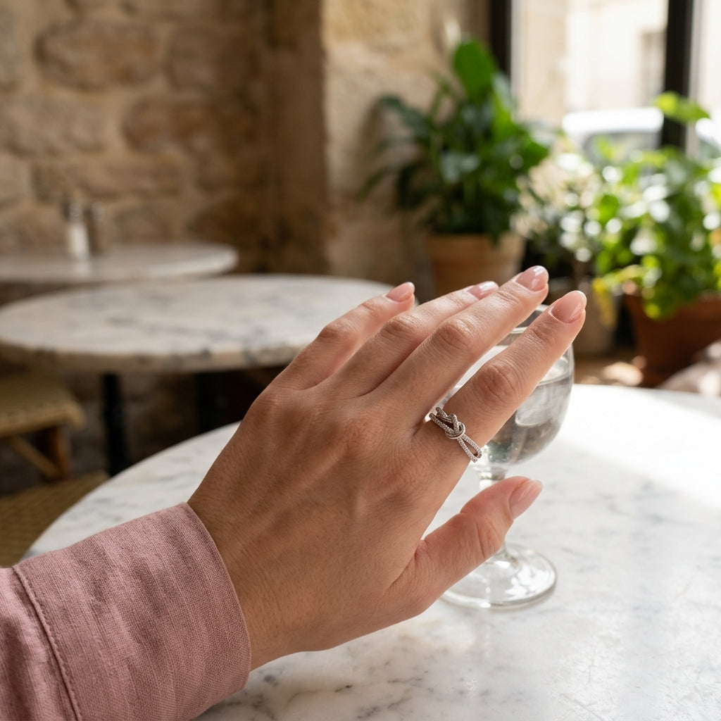 Knotted Criss-Cross Rhinestone Open Ring - Adjustable Silver Statement Ring