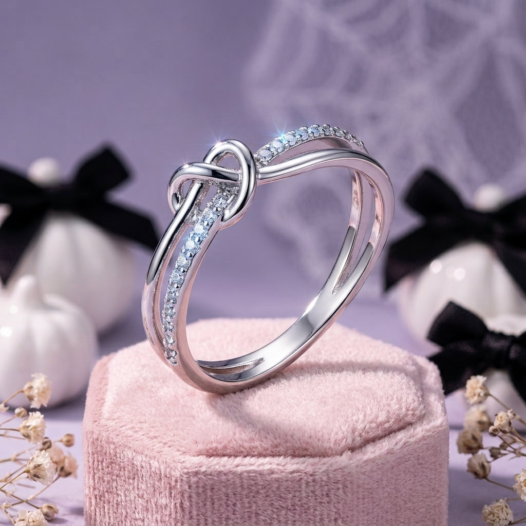 Knotted Criss-Cross Rhinestone Open Ring - Adjustable Silver Statement Ring