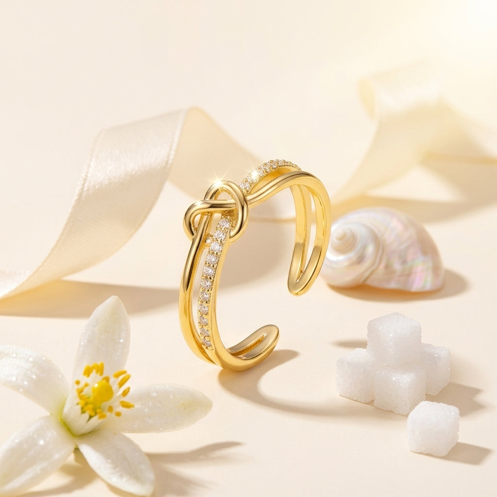 Knotted Criss-Cross Rhinestone Open Ring - Adjustable Gold Color