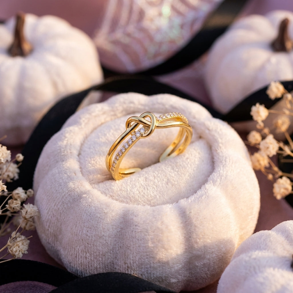 Knotted Criss-Cross Rhinestone Open Ring - Adjustable Gold Color