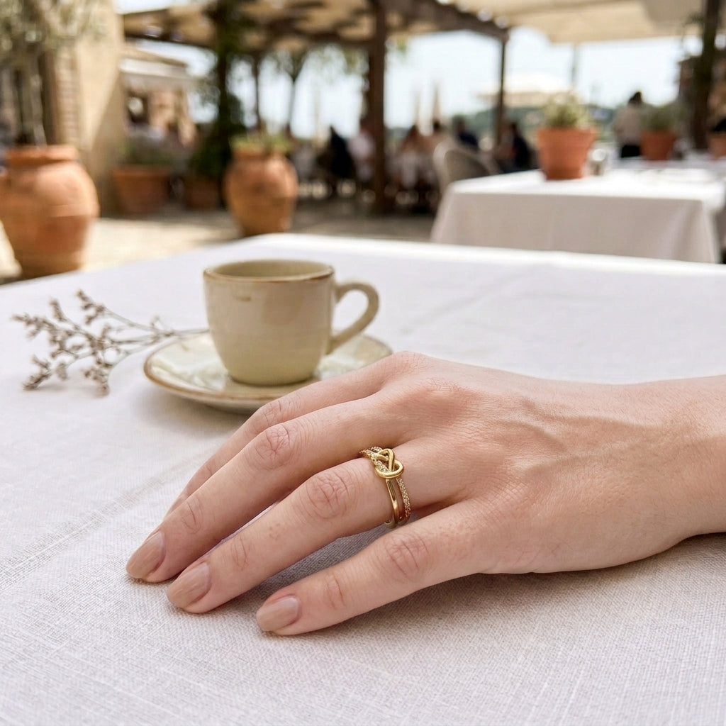 Knotted Criss-Cross Rhinestone Open Ring - Adjustable Gold Color