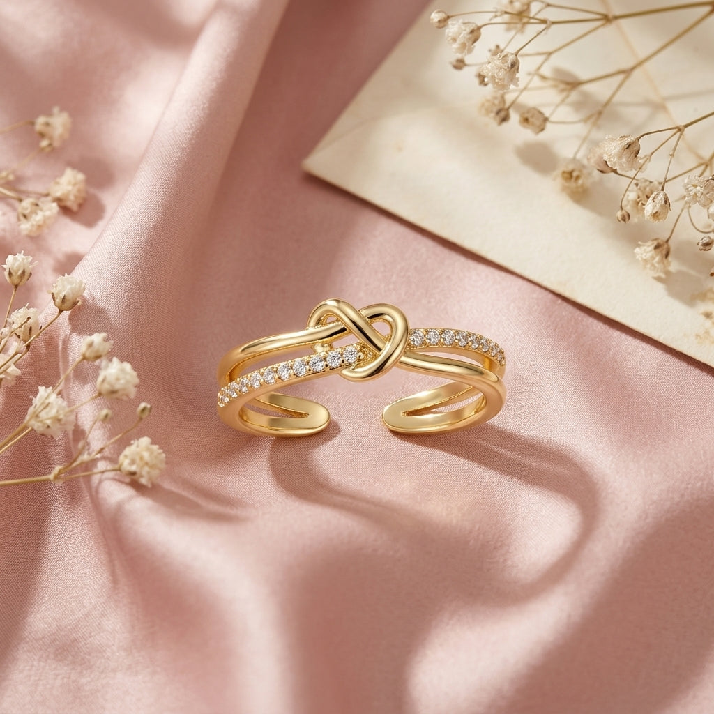Knotted Criss-Cross Rhinestone Open Ring - Adjustable Gold Color