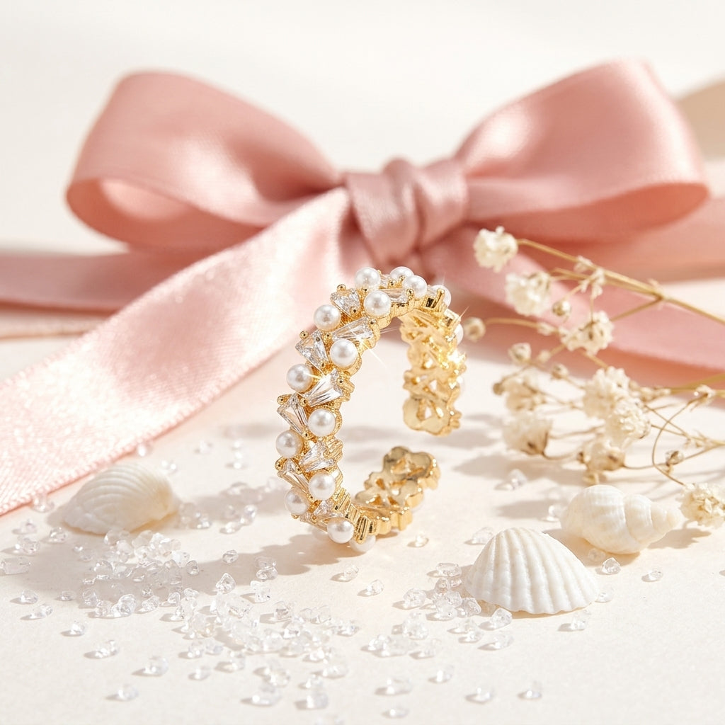 Pearl & Crystal Gold Statement Ring