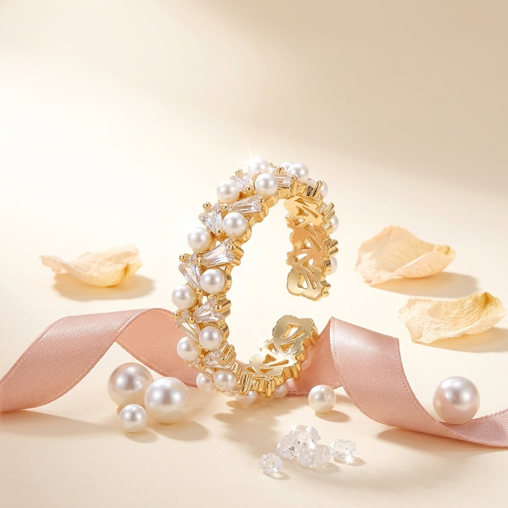 Pearl & Crystal Gold Statement Ring